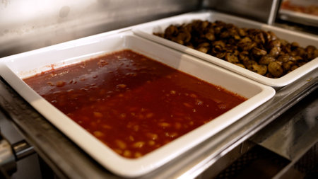 Saut ed mushrooms with vibrant tomato sauce resting in professional buffet trays, showcasing...