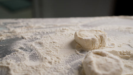 Chef flattening dough for baking delicious cookies. Professional baker kneading and flattening cookie dough on floured surface, showcasing culinary expertise in kitchen workspaceの写真素材