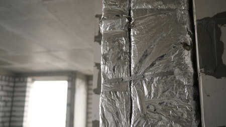 Construction workers installing reflective foil insulation on building walls during renovation...
