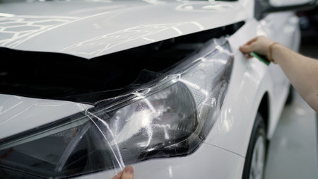 Skilled automotive professional carefully applying transparent protective film to white car headlight during precision maintenance service in workshopの写真素材