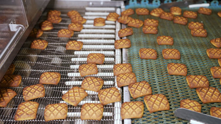Freshly baked cookies moving along automated conveyor belt inside modern food processing facility, showcasing industrial baking technology and manufacturing processの写真素材