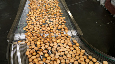 Freshly baked cookies travel on a conveyor belt, ready for packaging in a food production factory