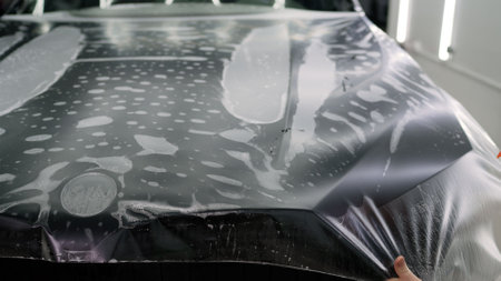 Close-up of a car detailer applying a protective film to the hood of a vehicle, ensuring protection against scratches and stone chipsの写真素材