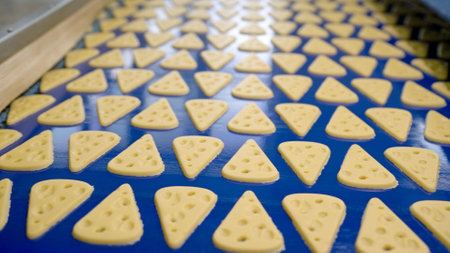 Automated production line moving cheese crackers across industrial conveyor belt inside high-tech food manufacturing facilityの写真素材