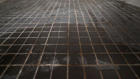 Wet black square tiles forming a geometric patternの写真素材