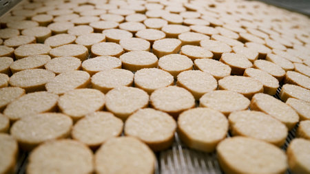 Freshly baked round rusks with sugar coating travel on a conveyor belt in a food processing plantの写真素材