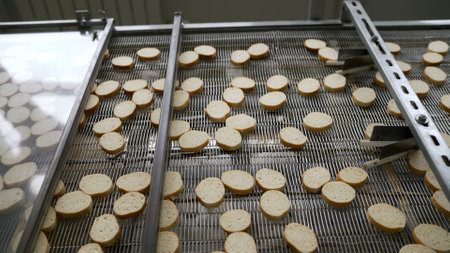 Industrial production line transporting round crackers systematically along automated conveyor belt...