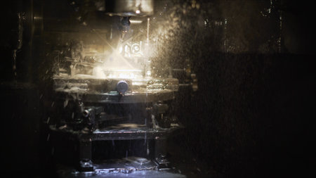 Close-up of a milling machine at work, carving a metal part with precision and generating sparks and...