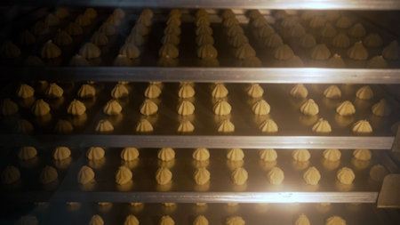 Trays of uncooked cookies baking in a large industrial oven, representing the process of mass...