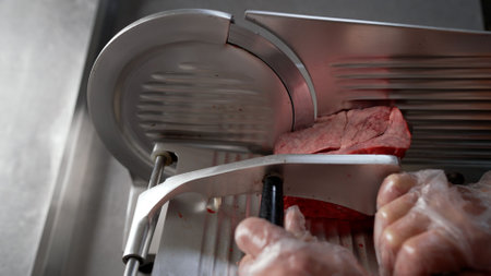 Close-up view of a butcher skillfully operating a meat slicer, creating precise cuts of red meat for diverse culinary applicationsの写真素材