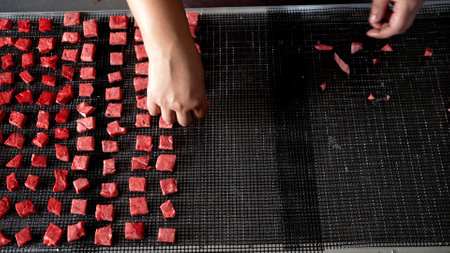 Food factory workers are arranging small square pieces of red meat on a large black metallic grill...