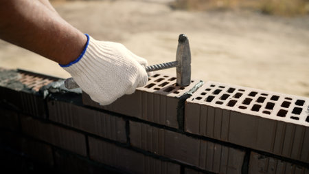 Construction worker is using a hammer to lay bricks and build a wall, applying mortar between each brick for a sturdy structureの写真素材