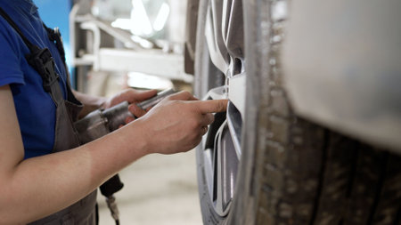 Mechanic using an impact wrench to tighten lug nuts on a car wheel during maintenance or repair in a professional automotive workshopの写真素材