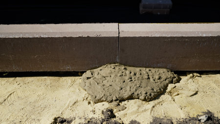Fresh cement mortar being applied beneath concrete kerb stones during ongoing road construction activities, enhancing urban infrastructureの写真素材