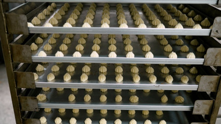 Rows of cookies cooling on metal trays in a bakery, showcasing the precise arrangement and freshness...