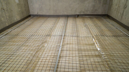 Workers installing waterproofing membrane and reinforcing mesh on concrete floor to prevent leaks and cracksの写真素材