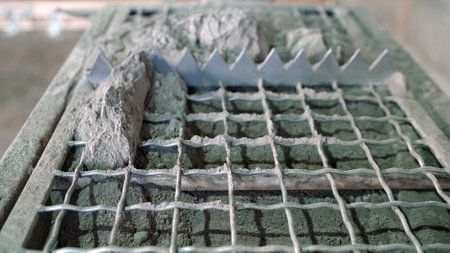 Close-up of a metal grid used in cement processing, showcasing rough concrete texture and industrial...