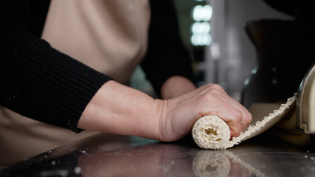 Chef rolling dough for pasta making in restaurant kitchenの写真素材