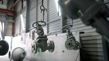 Industrial valves drying after painting in factory