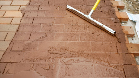 Construction worker is grouting between the bricks of a walkway using a grout float tool with a yellow handleの写真素材