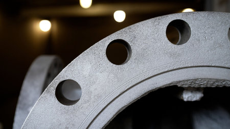 Industrial steel pipe flange structure with bolt holes, showcasing manufacturing and engineering components in a factoryの写真素材