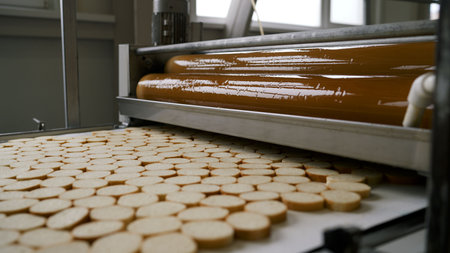 Stainless steel conveyor transporting freshly baked crackers through systematic packaging process in...