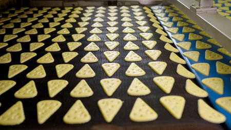 Close-up of cheese-shaped cookie dough on an automated production line.