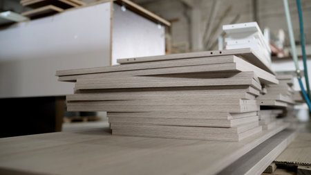 Close-up shot of stacked, pre-cut particle boards with a light wood grain laminate finish. The...