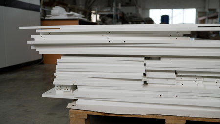 A stack of white, pre-drilled furniture panels rests on a pallet in a factory. The shallow focus highlights materials for assembly, with a blurred industrial workshop background.の写真素材