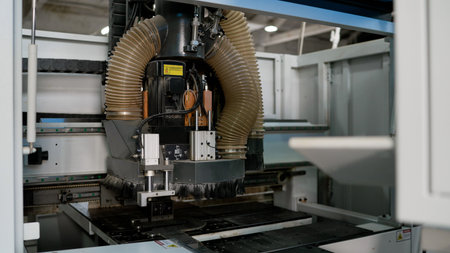 Detailed view of an automated CNC milling machine in a workshop. Focus on the spindle motor flexible dust extraction hoses. Neutral, industrial colors with even lighting. A modern production concept.の写真素材