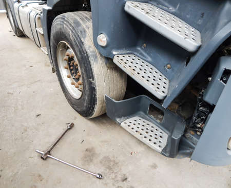 lift truck cab, wheel removal tool and brake pad replacementの写真素材