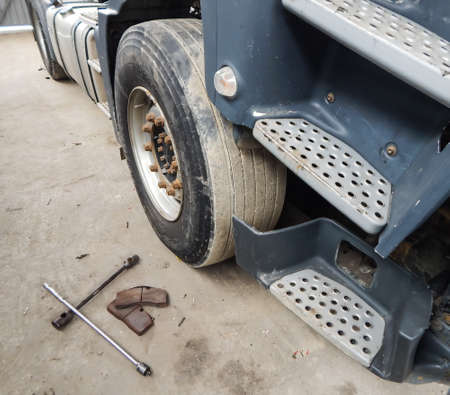 lift truck cab, wheel removal tool and brake pad replacementの写真素材