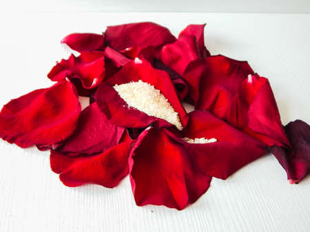 rose petals and cane sugar granulesの写真素材
