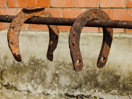 hanging old iron horseshoes for horsesの写真素材