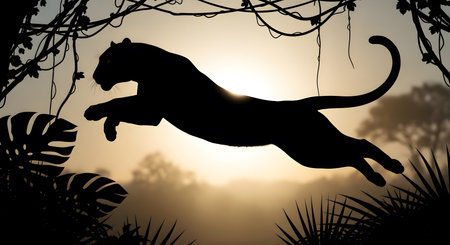 Majestic black panther leaps through dense jungle in golden sunset light.の素材