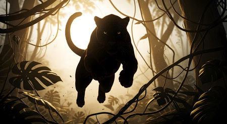 Black Panther Leaping Through Jungle at Sunsetの素材