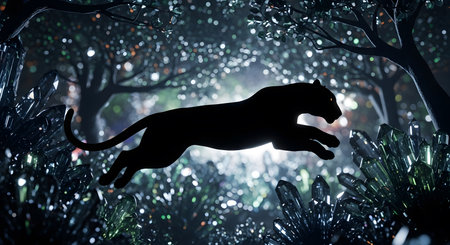 Stylized panther silhouette mid-leap in glowing forest â bold, magical, and high resolution.の素材