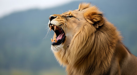 Fierce lion roaring in close-up view â golden mane, sharp teeth, and wild intensity.の素材