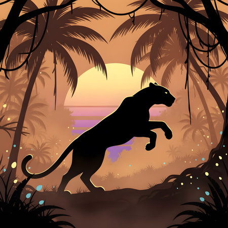 Tiger in the jungle at sunset, vector illustration, eps10の素材