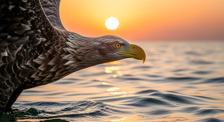 Majestic Eagle Taking Flight Over Golden Sunset Watersの素材
