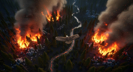 Eagle Flying Over Forest Wildfire with Smoke and Flamesの素材