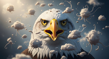 Bald Eagle in the sky with clouds. 3D illustration.の素材