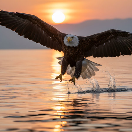 Bald Eagle (Haliaeetus leucocephalus) fishing in the sea at sunset.の素材