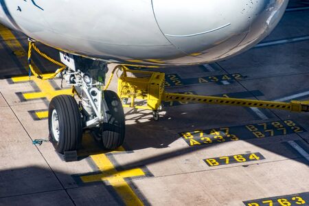 Front Wheels Boeing 747 on standの写真素材