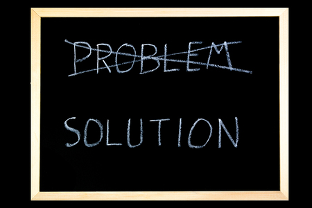 Words Problem and Solution written on a blackboard with chalkの写真素材