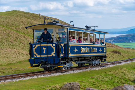 LLANDUDNO, WALES - APRIL 14th, 2018: The Great Orme Tramway taking passengers to the summit station. It is the only surviving cable operated street railway in the UKのeditorial素材