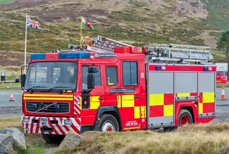 LLANGOLLEN WALES UNITED KINGDOM - AUGUST 27 2018: Red fire engine from North Wales emergency...