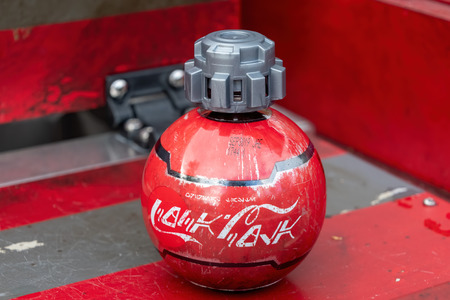 ORLANDO, USA - SEPTEMBER 19, 2019: Star Wars themed Coca Cola bottle made to look like a thermal detonator. The writing is called Aurebesh and translates to "COCA COLA"のeditorial素材