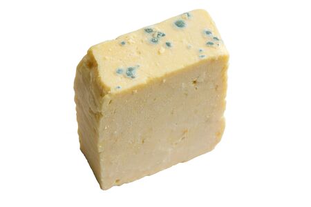 Mold growing on a block of chedder cheese isolated on a white backgroundの写真素材