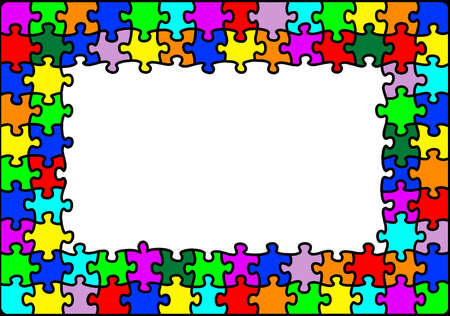 Bright colourful and vibrant multicolour jigsaw puzzle border with copyspaceの写真素材